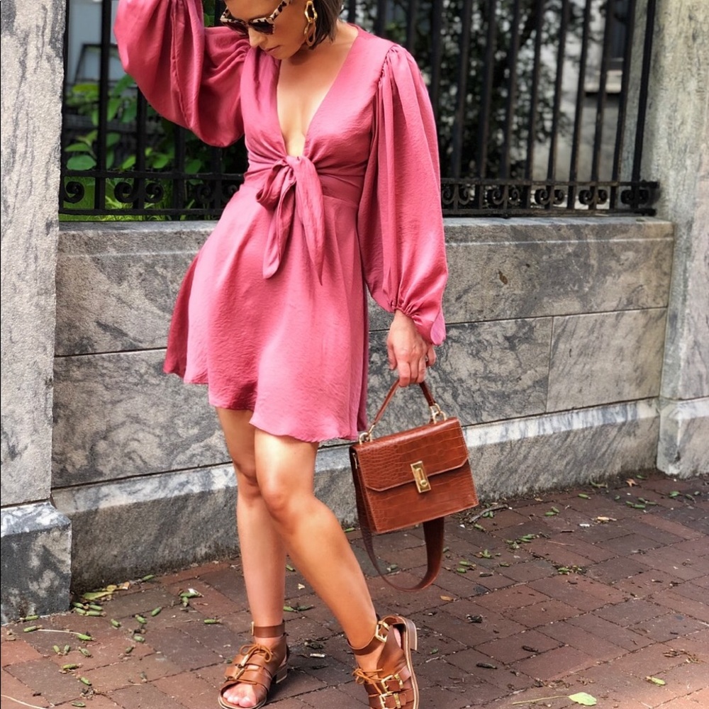 Wore once! Rose Pink Satin Puff Sleeve Dress - Picture 7 of 9